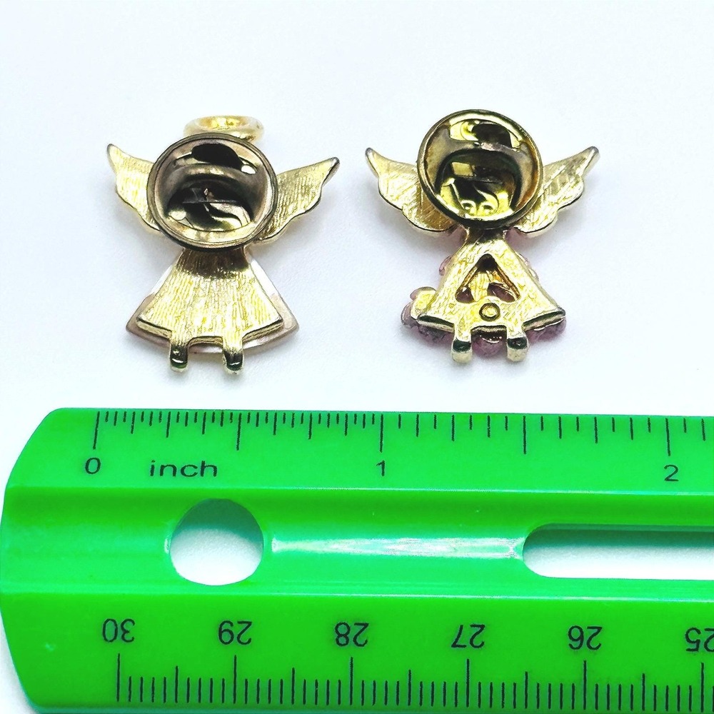 Vintage Angel Lapel Pins Gold Tone MOP Blue Rhinestone Pink Floral Tac Pin Set - Picture 6 of 7